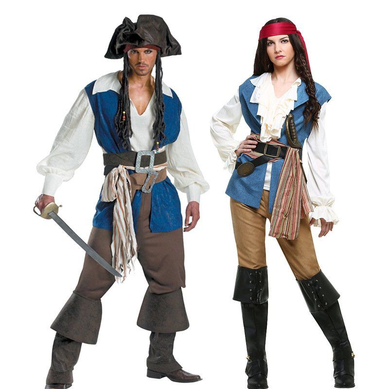 A man and a woman in pirate costumes are standing next to each other