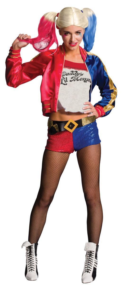A woman in a harley quinn costume is standing on a white background.