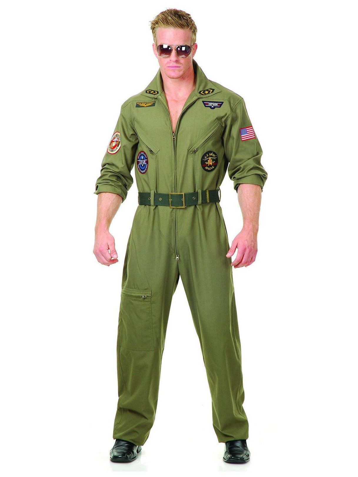 A man is wearing a green jumpsuit and sunglasses.