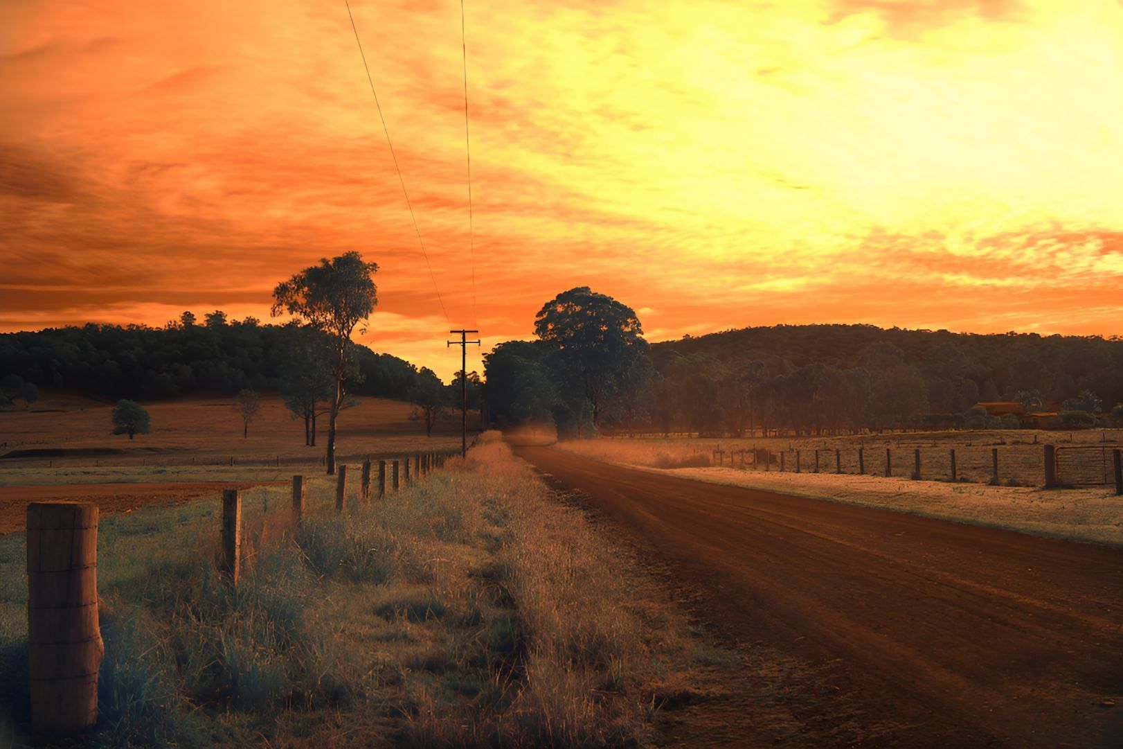 A Dirt Road Going Through a Field at Sunset — Twin Towns Denture Clinic In Nabiac, NSW