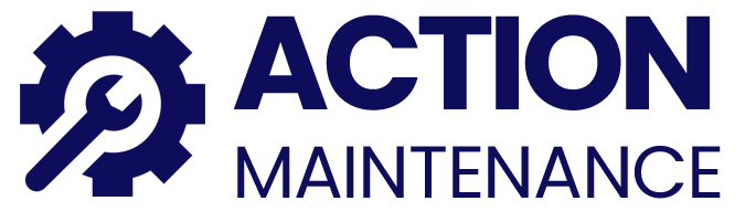 Logo for Action Maintenance: Gear and wrench icon, navy text.