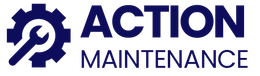 Logo for Action Maintenance: Gear and wrench icon, navy text.