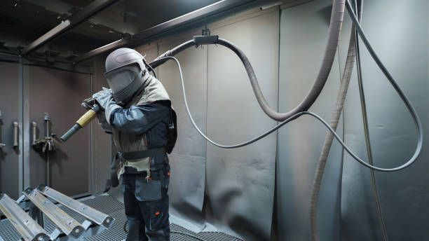 Worker in protective gear sandblasting metal objects inside a booth.