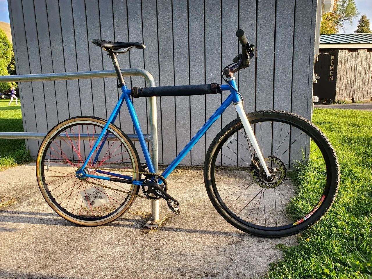 Metal gate with tree design, arching at the top, installed in a covered outdoor area.