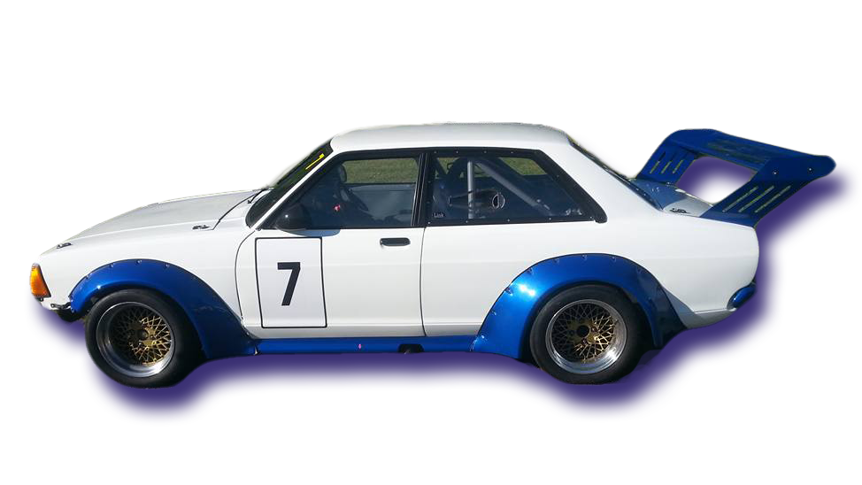 A white car with the number 7 on the door.