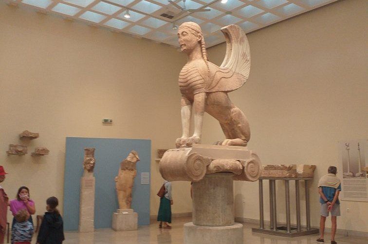 Artifacts and sculptures inside the Delphi Archaeological Museum in Greece.