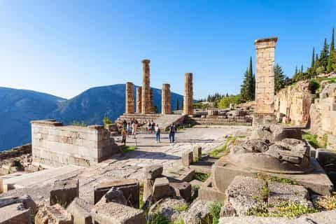 Panoramic view of the Temple of Apollo at Delphi archaeological site in Greece