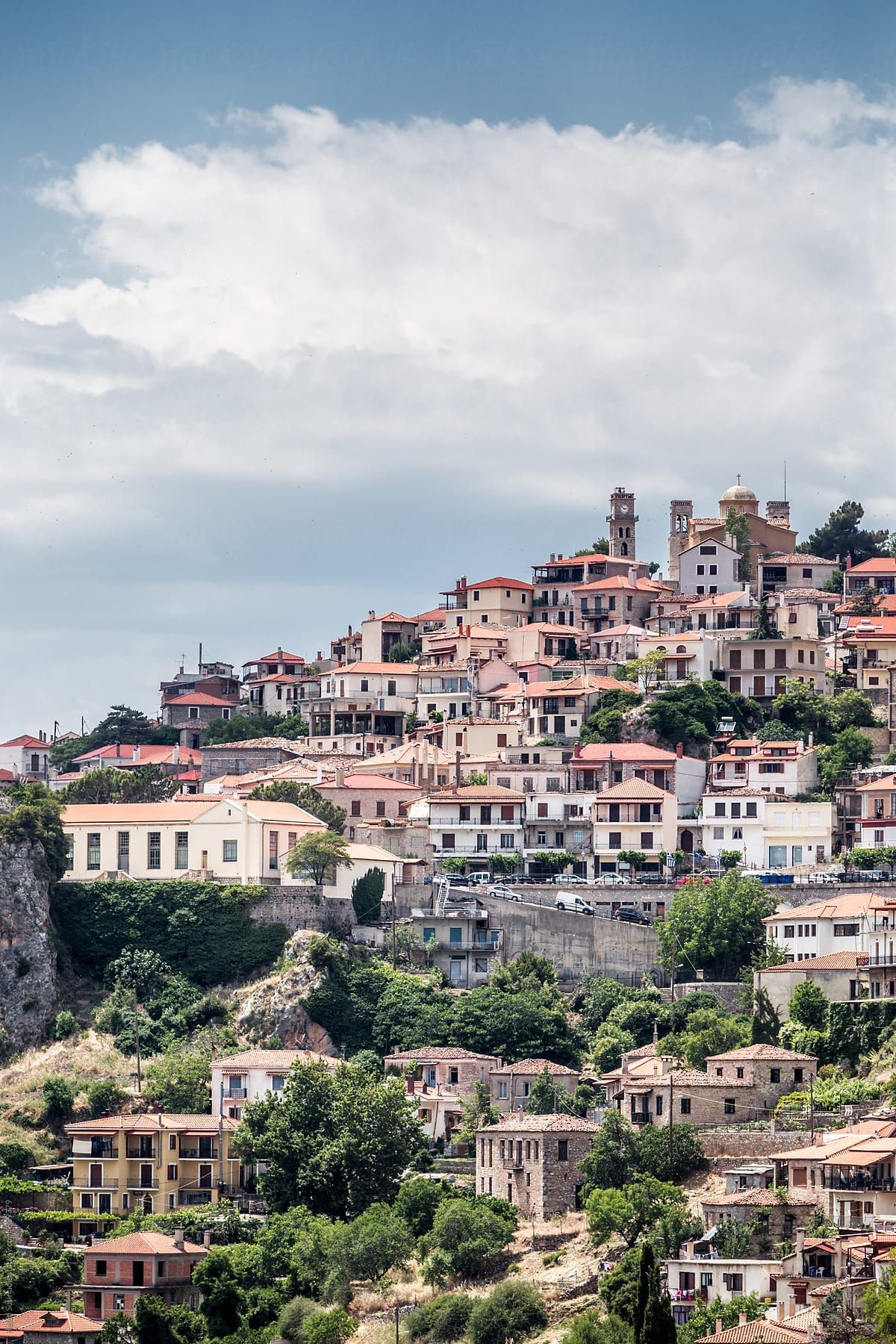 Traditional stone houses and mountain scenery in Arachova village near Delphi.