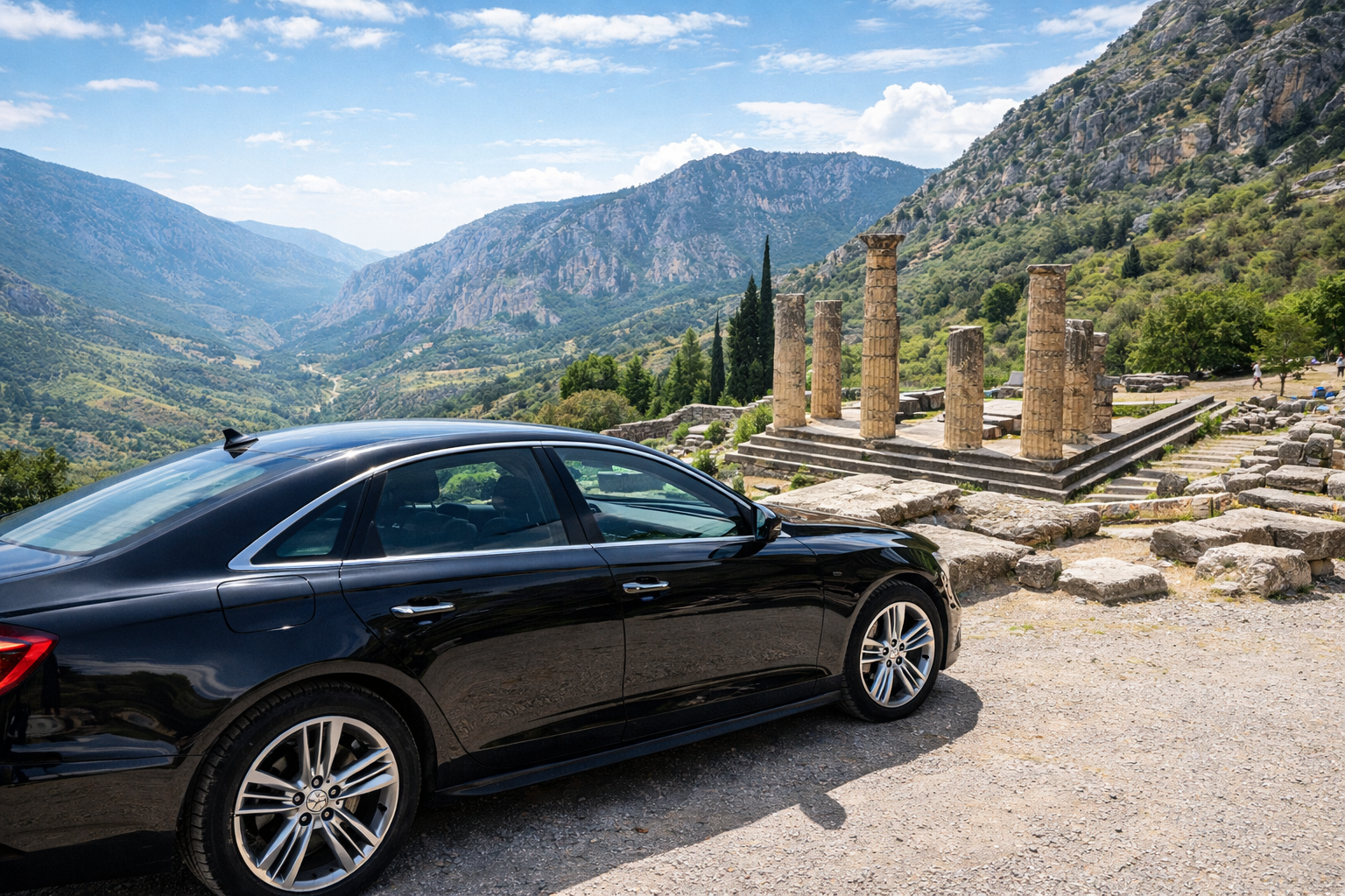 Luxury private car parked at the ancient ruins of Delphi with mountain views