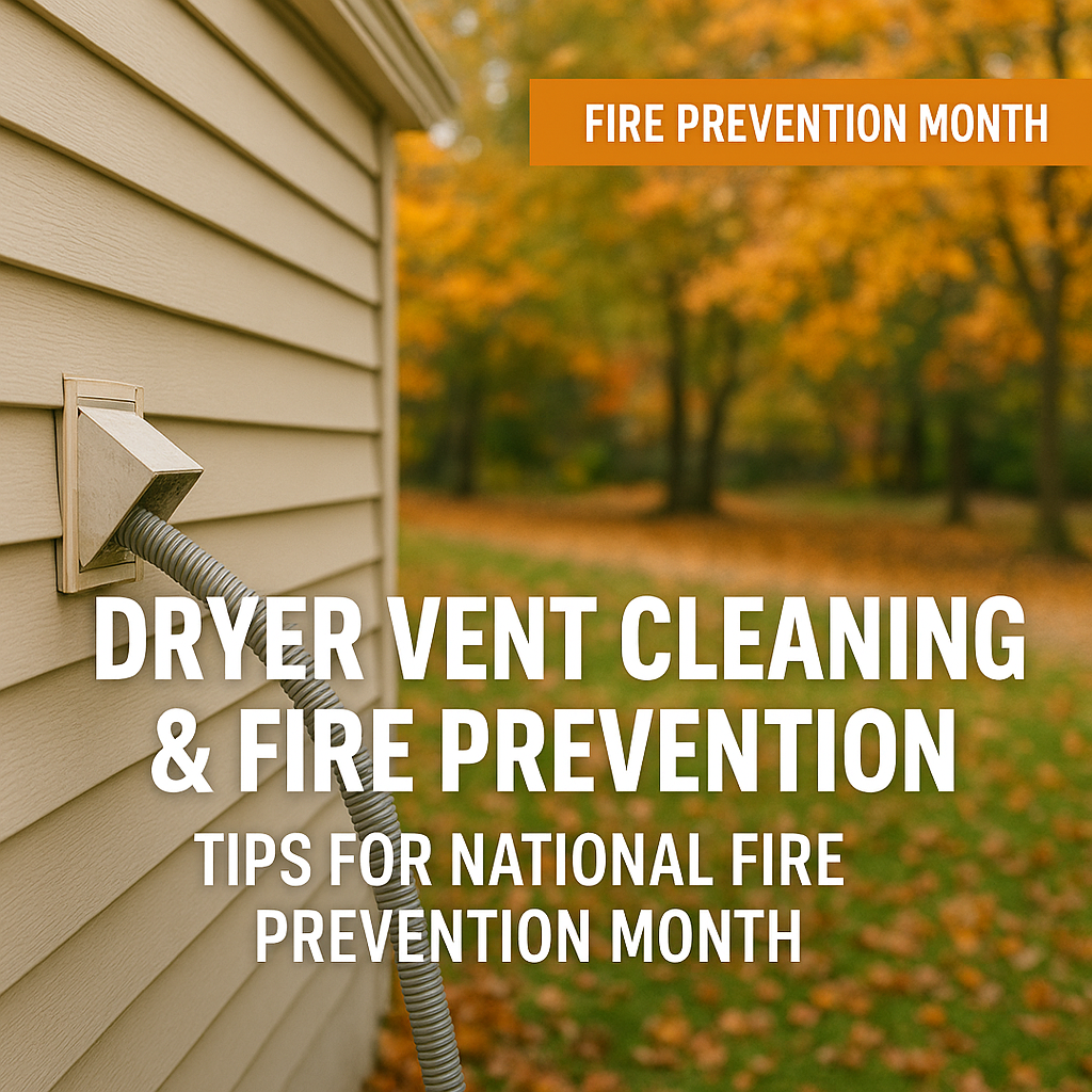 xterior dryer vent hose attached to the side of a beige house, surrounded by autumn leaves and trees