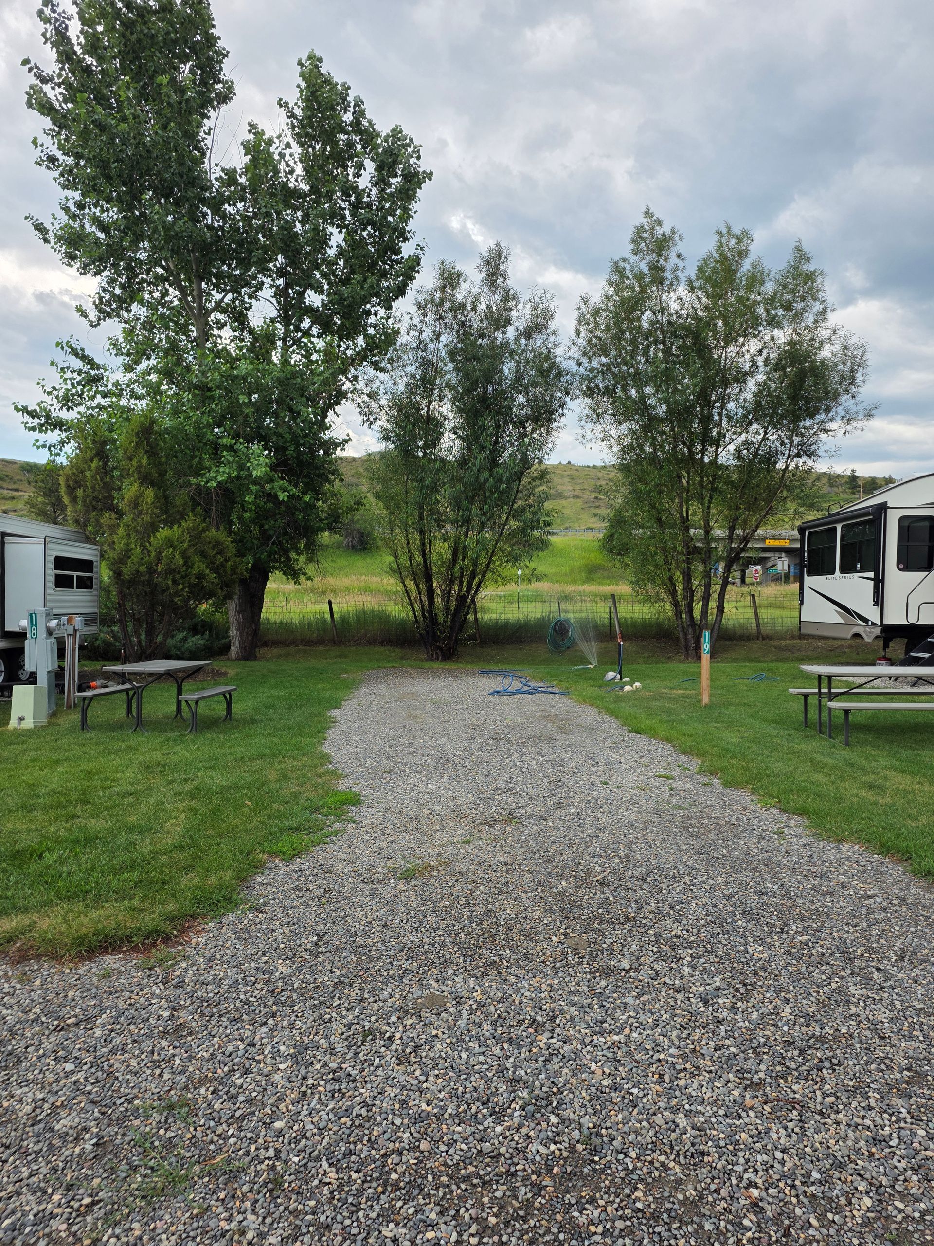 Gravel RV campsite with three trees, two picnic tables, and grassy areas; cloudy sky background.