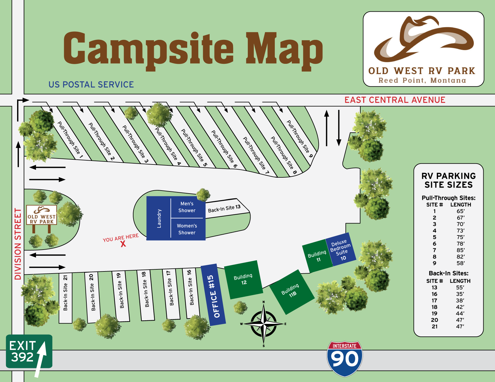Campsite map for Old West RV Park with site layouts, road names, and directions near I-90.