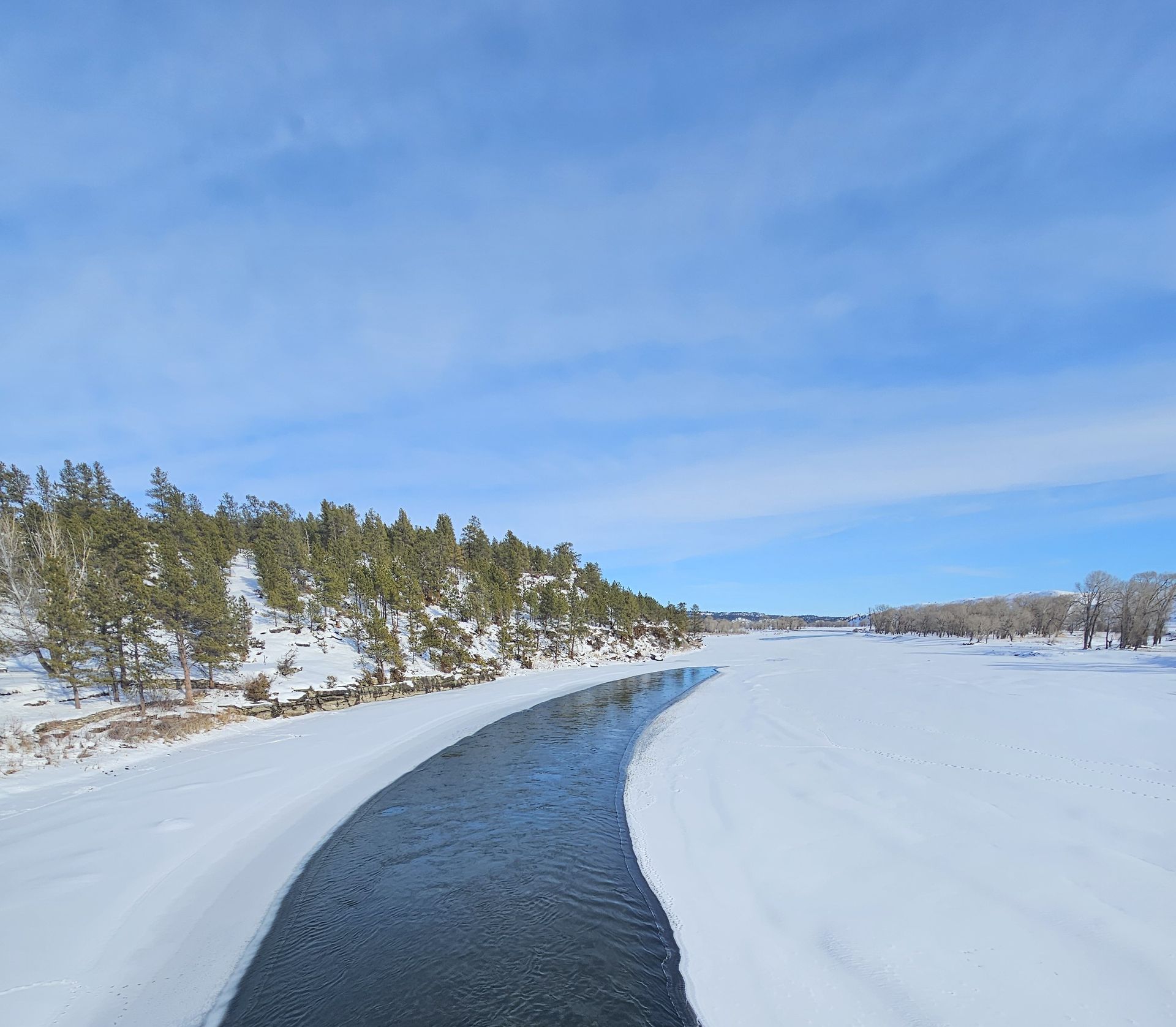A river runs through a snowy forest on a sunny day