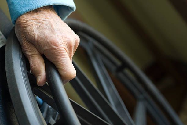 Senior hand on wheelchair