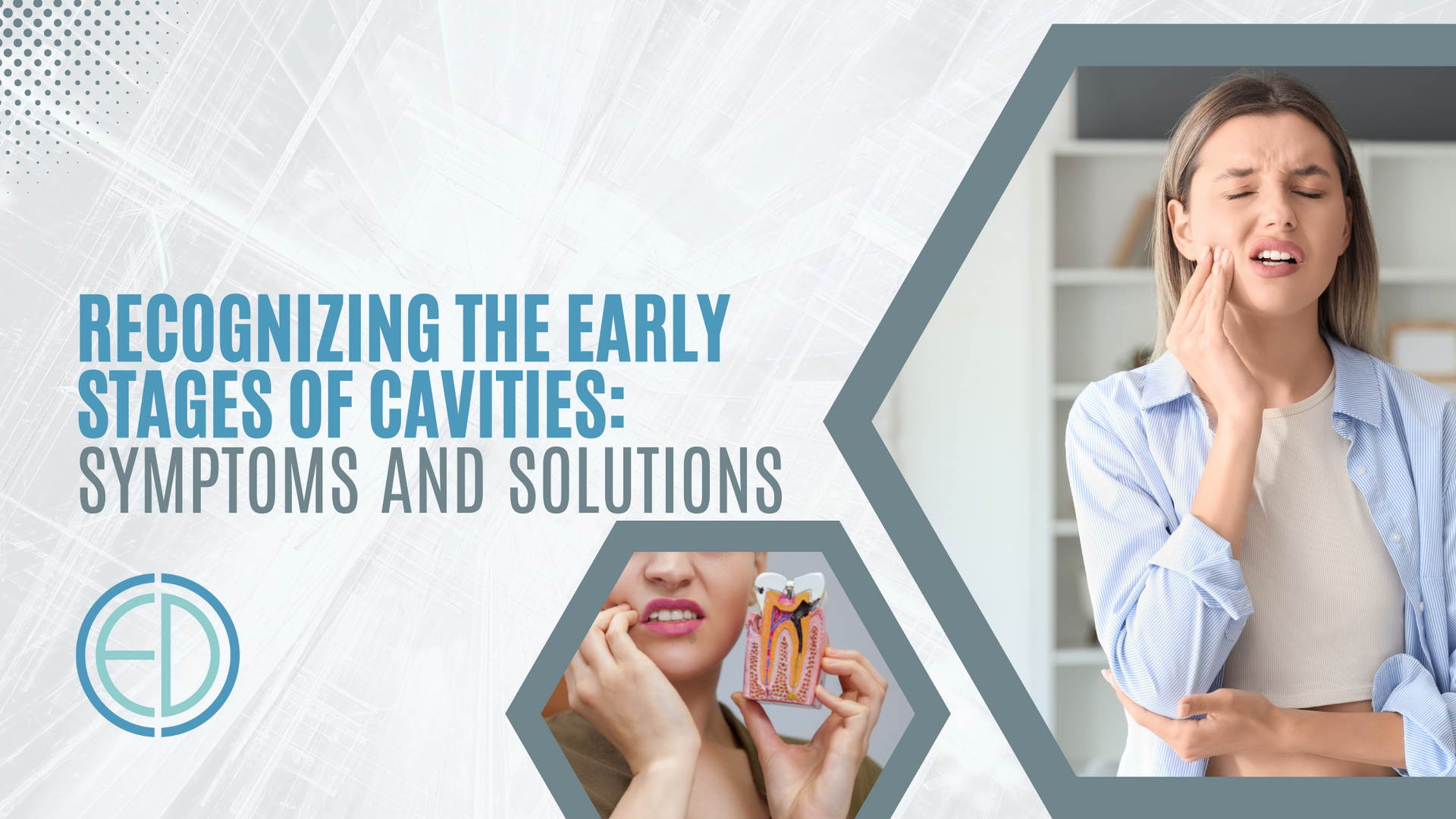 Woman with tooth pain, infographic about early cavity symptoms and solutions.