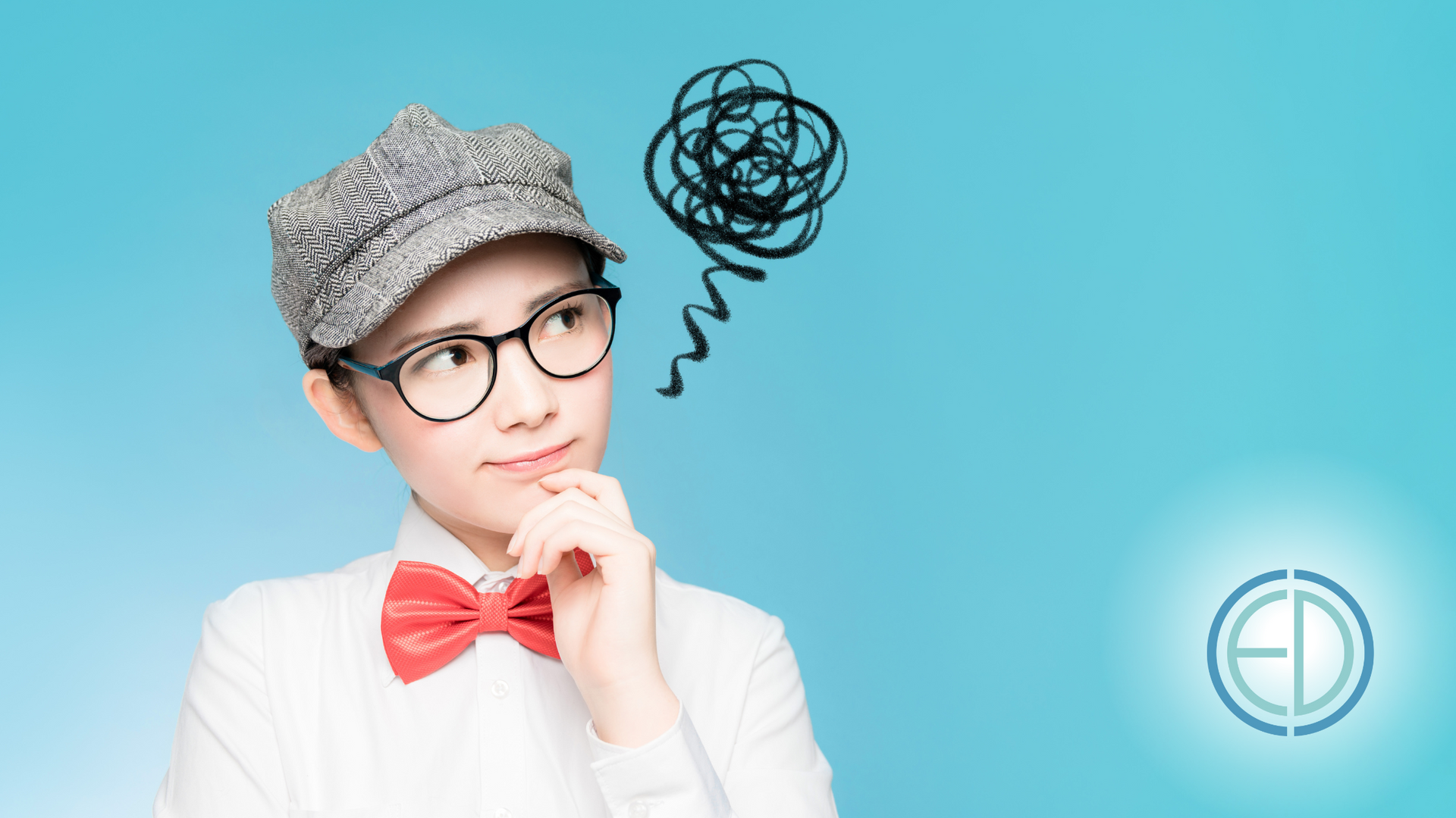 A woman wearing glasses and a hat is thinking about something.