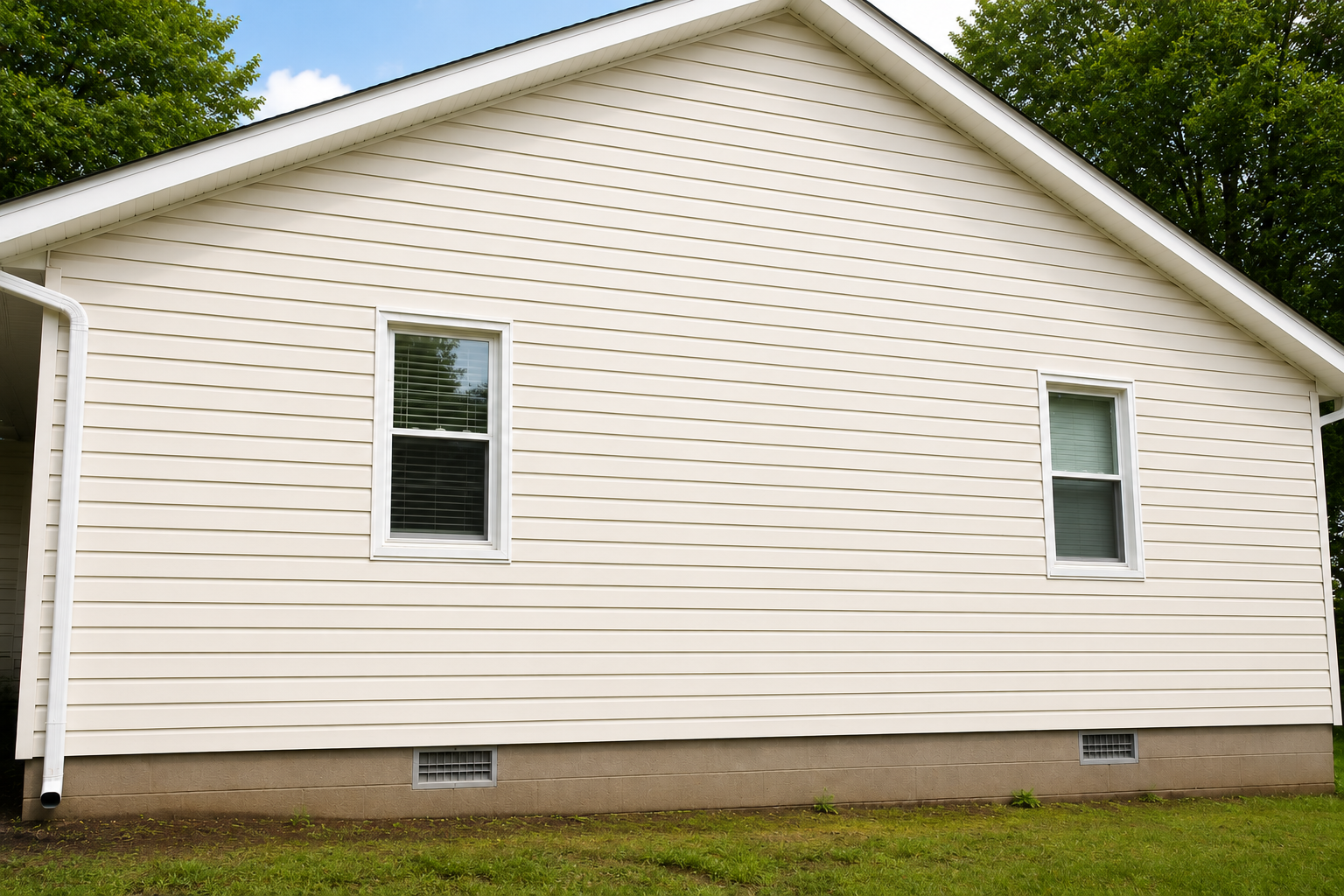 Professional vinyl siding soft wash removing algae, mold, mildew, dirt, and organic buildup to safely restore a home's exterior.