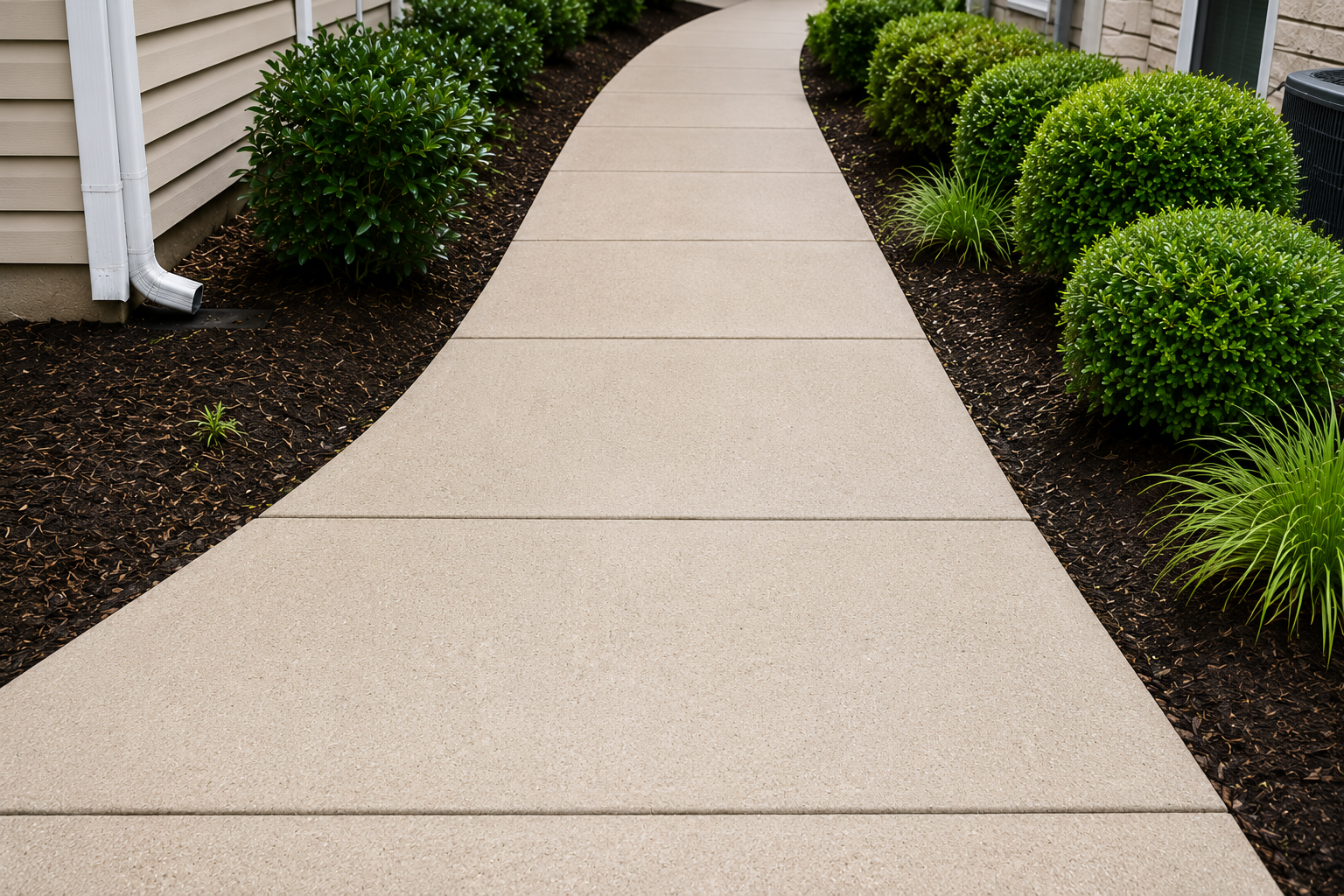Clean concrete walkway after professional pressure washing, showing the removal of dirt, algae, mildew, and stains from the sidewalk.