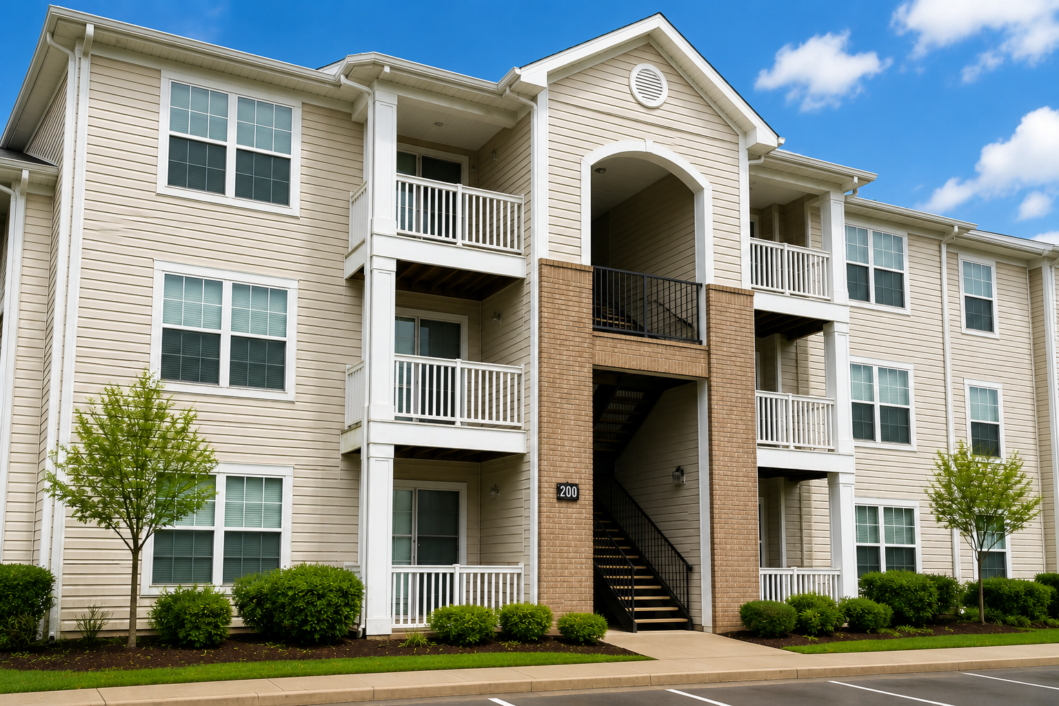 Before and after comparison of a professionally pressure washed apartment building by Prestige Pressure Washing, showing the removal of algae, mold, mildew, and dirt from exterior siding.