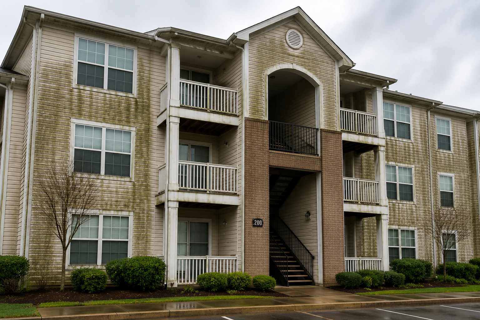 Before and after comparison of a professionally pressure washed apartment building by Prestige Pressure Washing, showing the removal of algae, mold, mildew, and dirt from exterior siding.