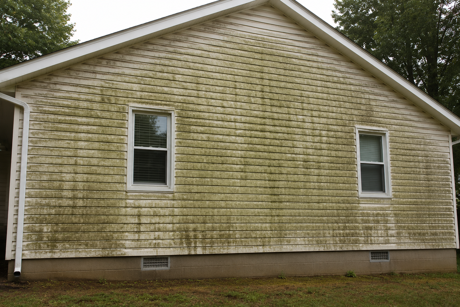 Professional vinyl siding soft wash removing algae, mold, mildew, dirt, and organic buildup to safely restore a home's exterior.