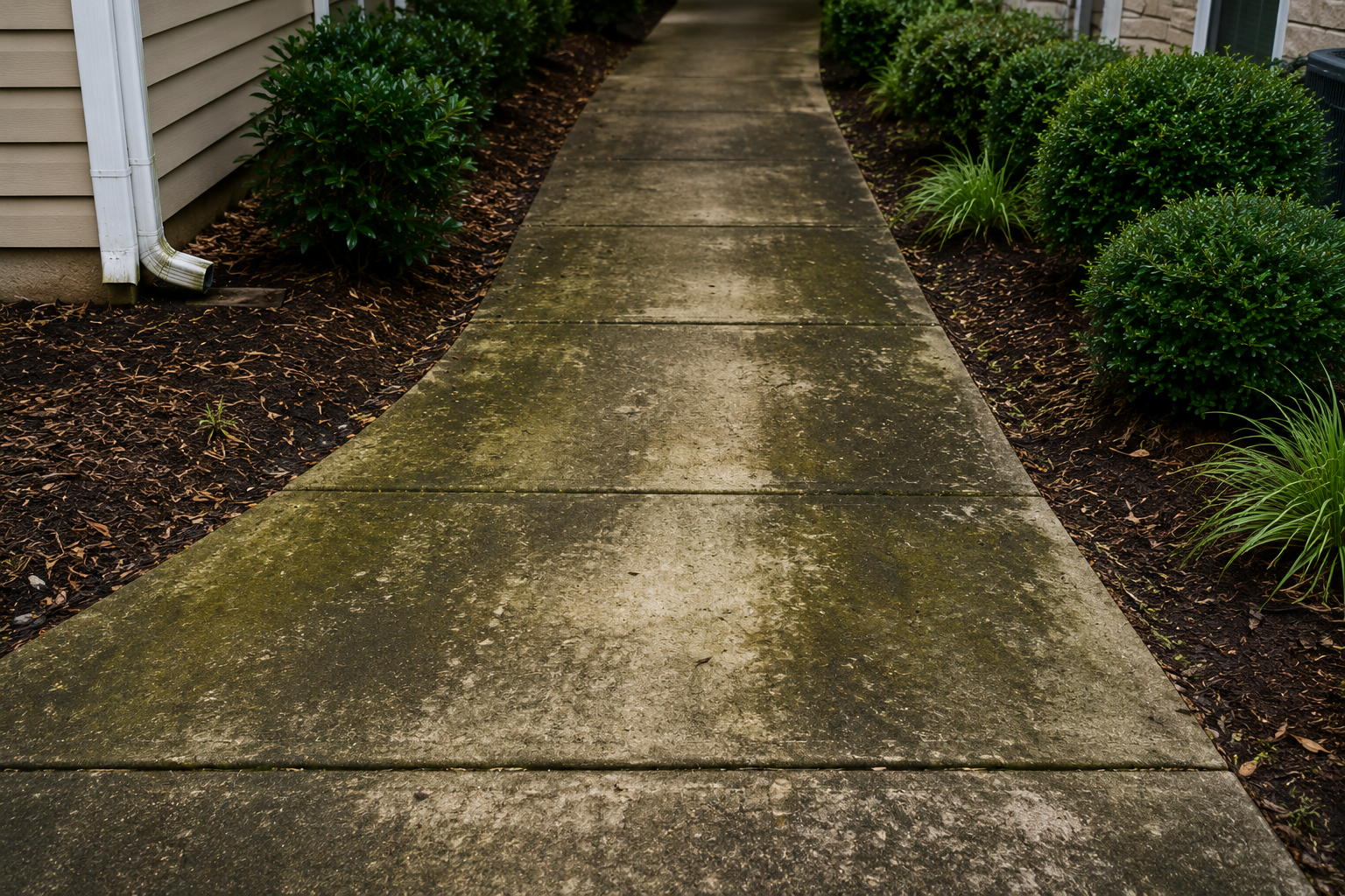 Clean concrete walkway after professional pressure washing, showing the removal of dirt, algae, mildew, and stains from the sidewalk.