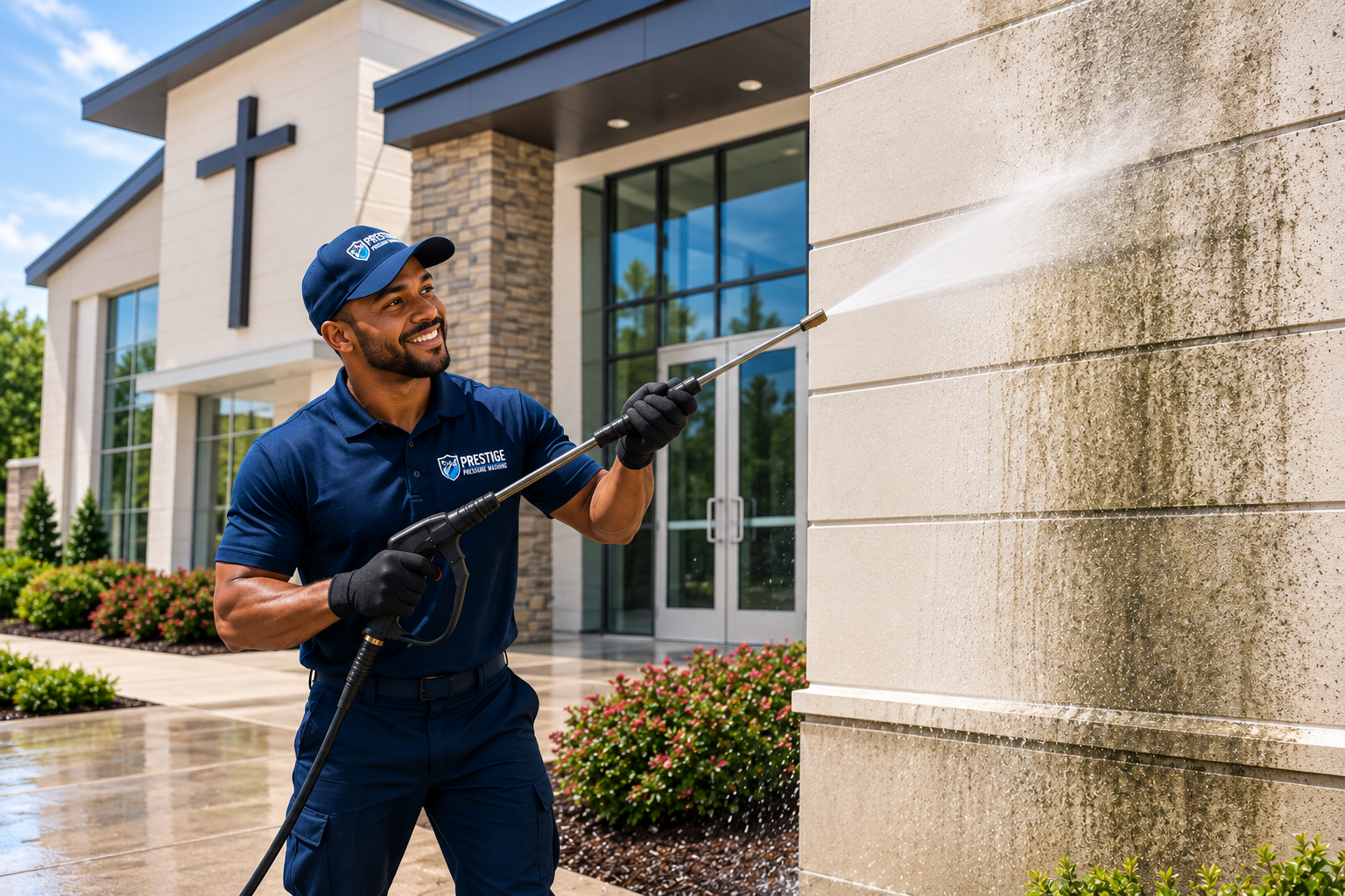 Professional pressure washing services cleaning the exterior of a school and church to remove dirt, grime, algae, and stains, creating clean, welcoming environments for students, staff, members, and visitors.