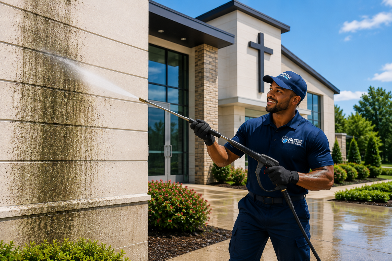 Professional pressure washing services cleaning the exterior of a school and church to remove dirt, grime, algae, and stains, creating clean, welcoming environments for students, staff, members, and visitors.