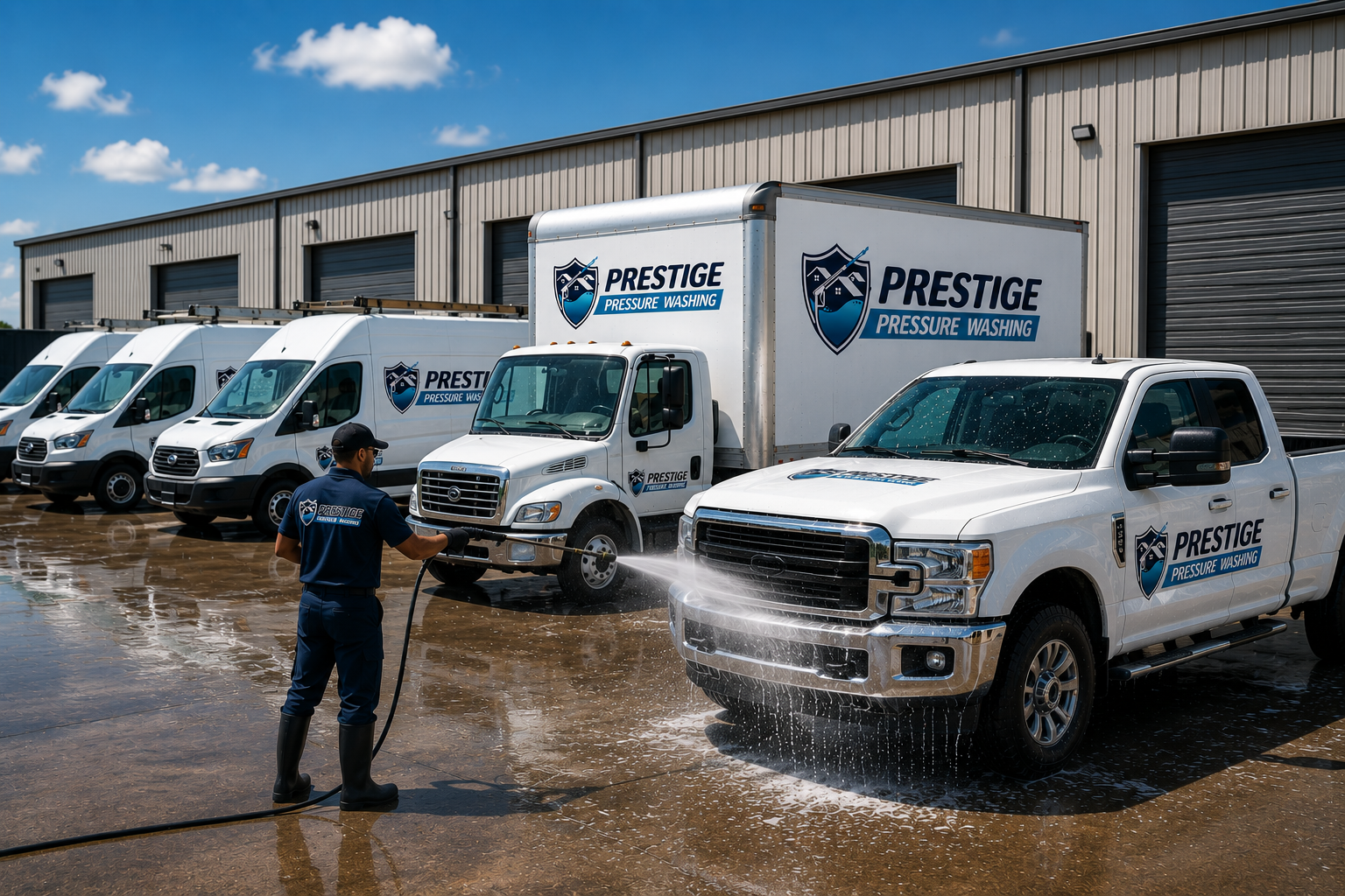 Professional pressure washing services cleaning a commercial fleet of cars and trucks to remove dirt, grime, and road buildup while maintaining a clean, professional appearance.