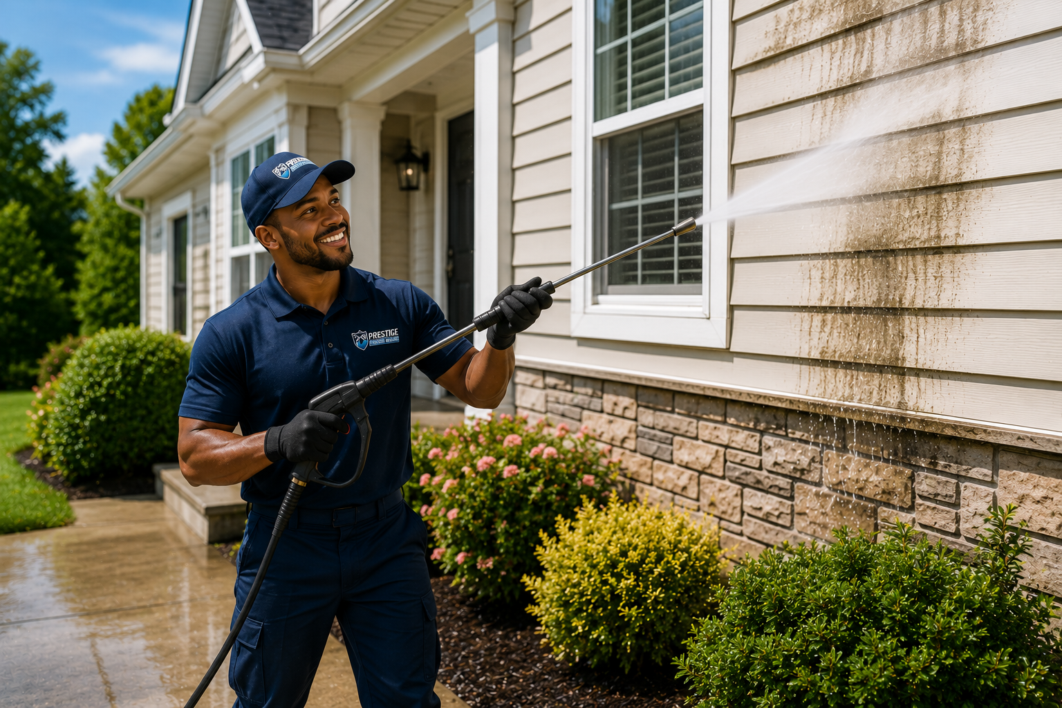 Soft wash house cleaning service restoring a home's exterior by removing mold, mildew, algae, and dirt with a safe, low-pressure cleaning method.
