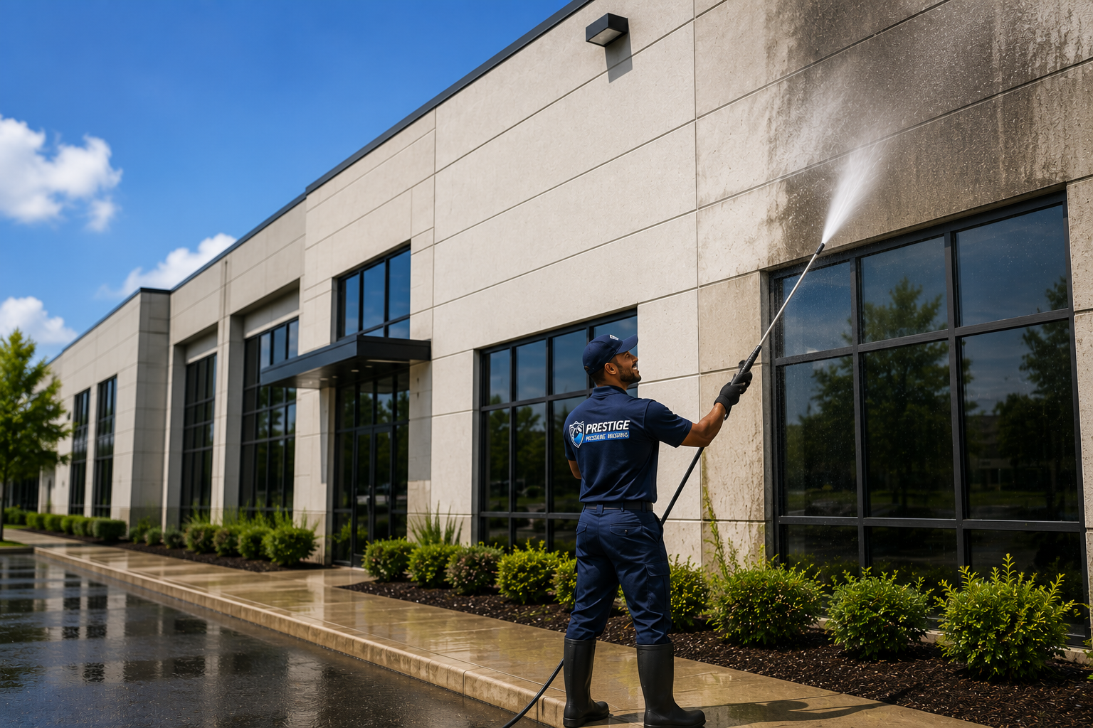 Commercial building pressure washing services restoring storefronts, sidewalks, and exterior surfaces to enhance curb appeal and create a welcoming environment for customers and employees.