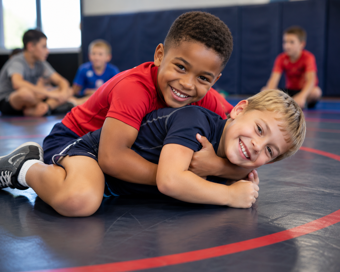 Two children in black and white martial arts uniforms practice a chokehold on a mat. One child smiles.