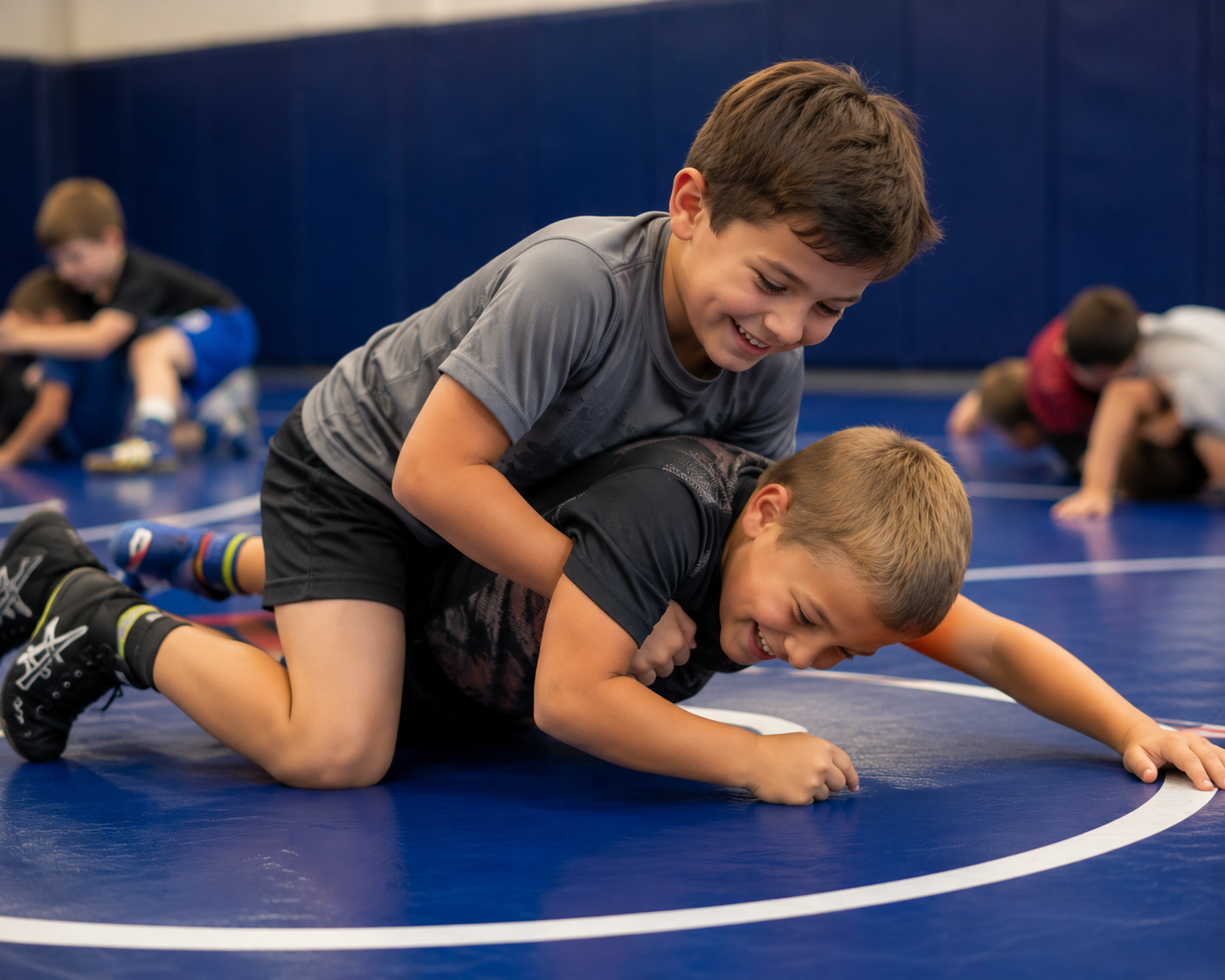 Two boys on a mat practicing Jiu-Jitsu. One boy is on top, giving a thumbs-up.