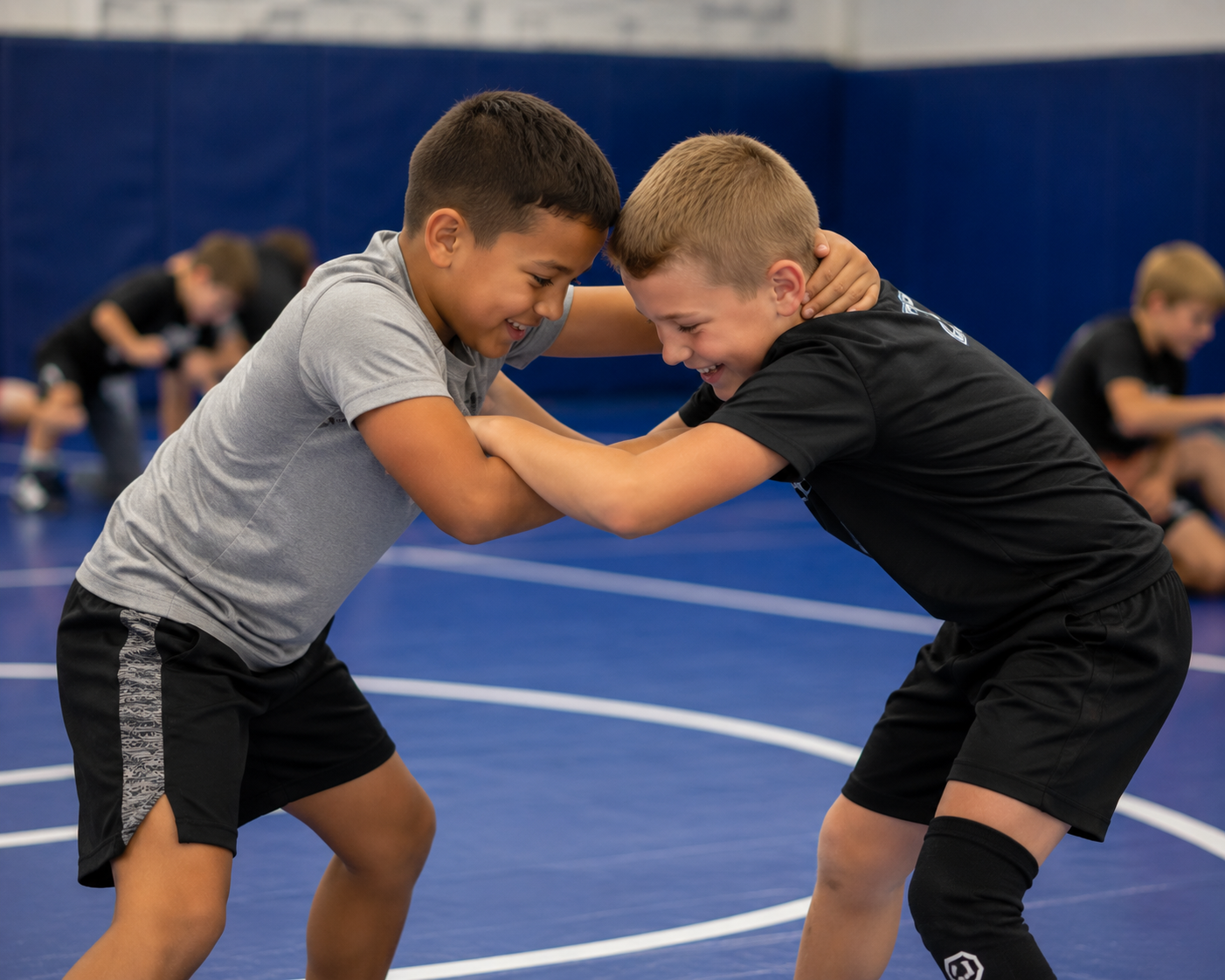 Children in colorful gis play a game on a mat. Two instructors pull a student in blue.