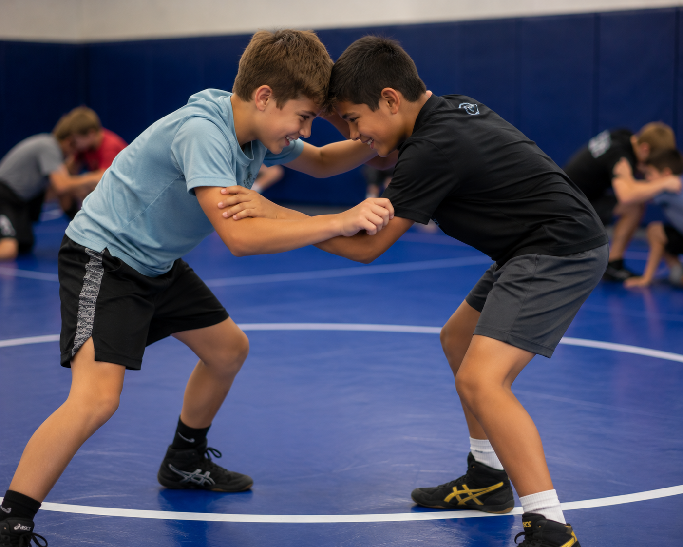 Two young children in blue and black martial arts uniforms grappling on a gym floor, one smiling.