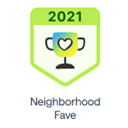 A badge that says `` neighborhood fave '' with a wine glass with a heart on it.