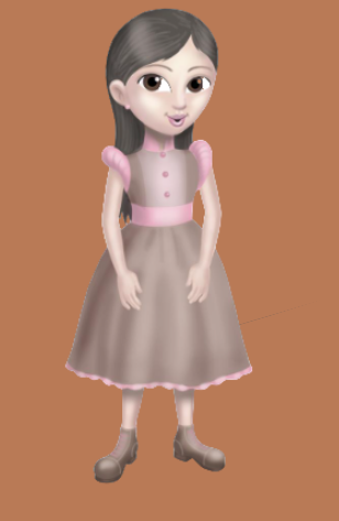 Uma garota de desenho animado em um vestido cinza e rosa está de pé sobre um fundo marrom.