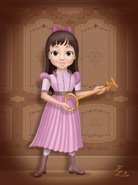 Uma garota de desenho animado em um vestido cinza e rosa está de pé sobre um fundo marrom.