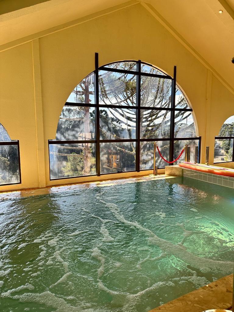 Uma grande piscina interior com muitas janelas.