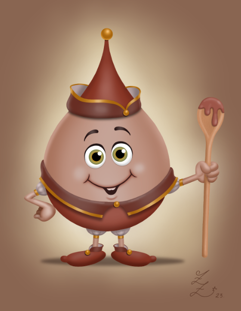 Um personagem de desenho animado está usando um chapéu e segurando uma colher de pau