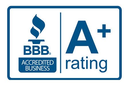 The bbb accredited business rating logo is blue and white.