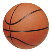 An orange basketball with black stripes on a white background