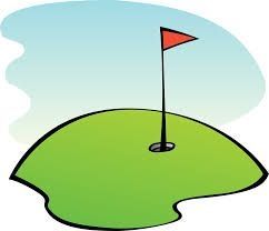 A cartoon illustration of a golf course with a red flag on the green.