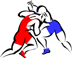 A drawing of two wrestlers in red and blue uniforms