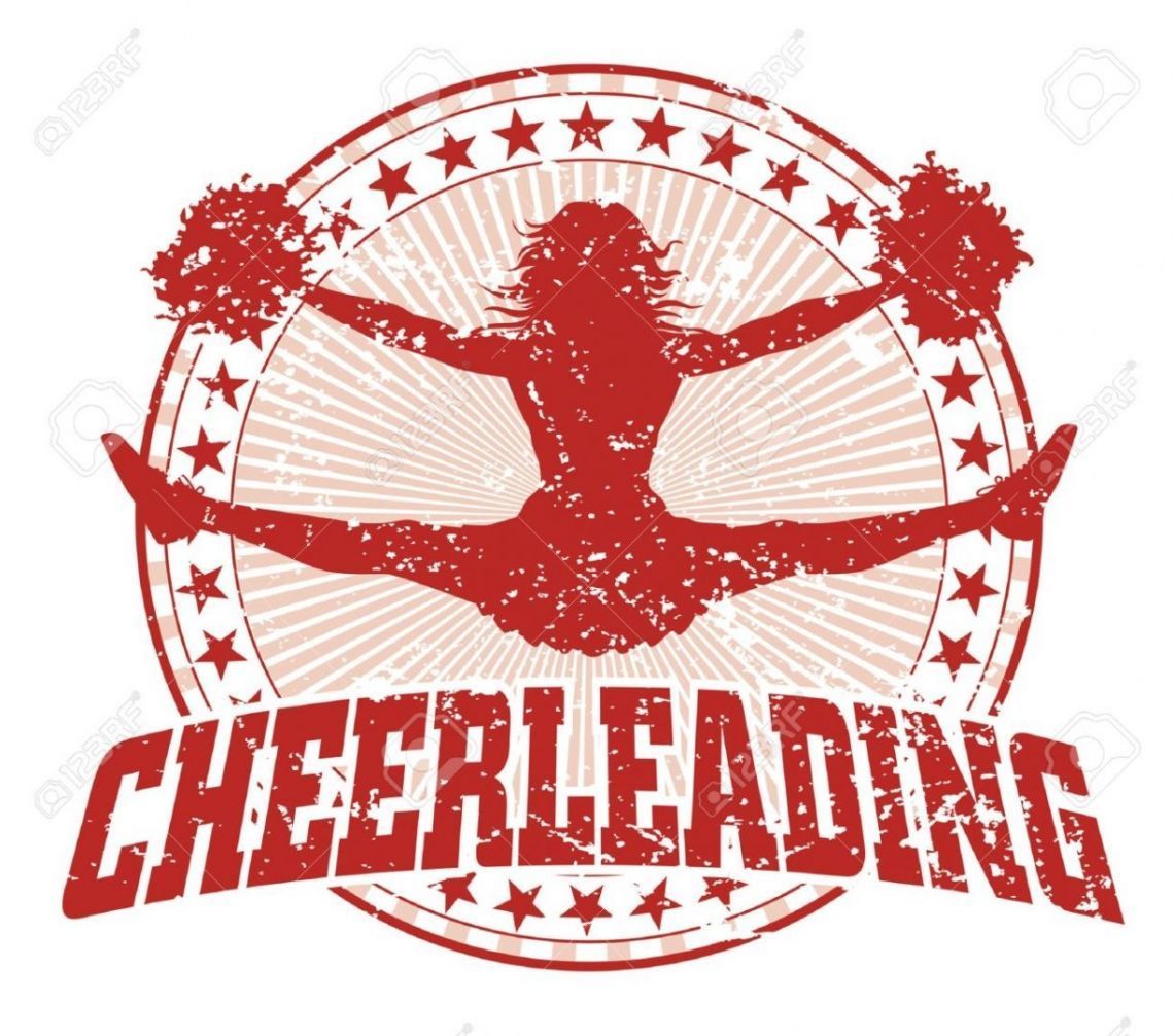 A cheerleading logo with a cheerleader jumping in the air