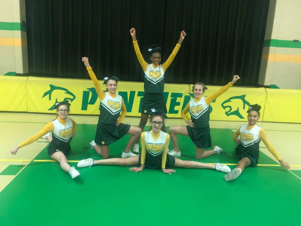 A group of cheerleaders are posing for a picture in front of a banner that says panthers