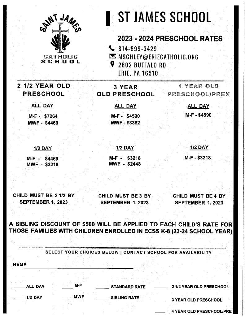 A black and white flyer for st. james school
