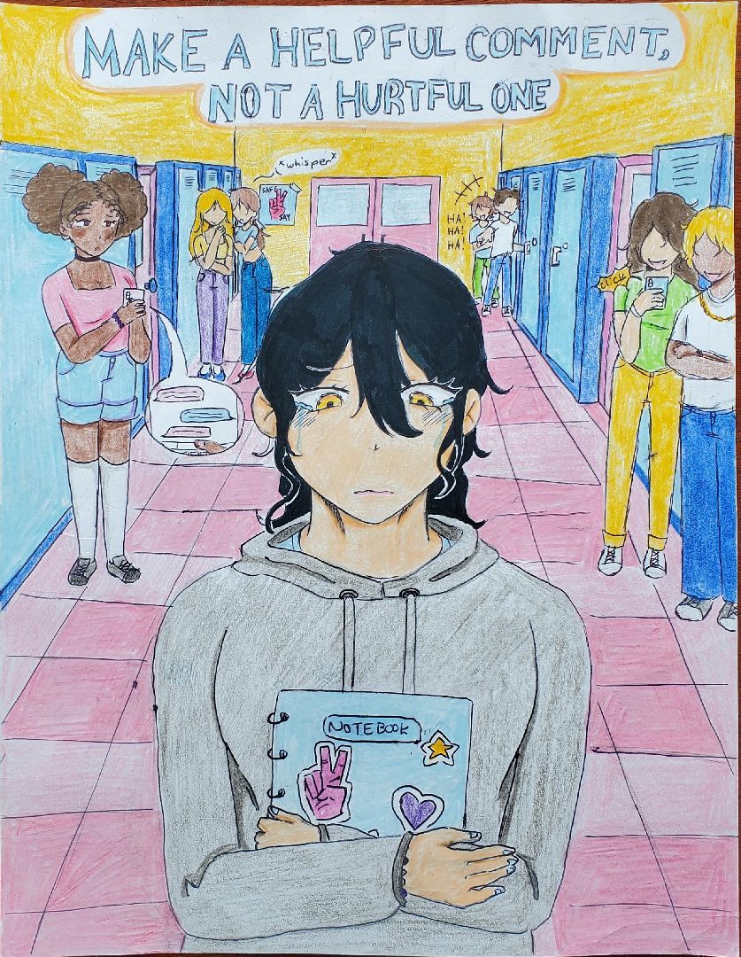 A drawing of a girl in a hallway that says make a helpful comment not a humble one