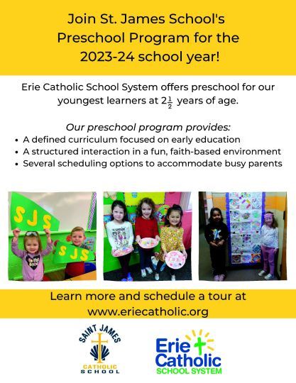 A flyer for st. james school 's preschool program for the 2023-24 school year