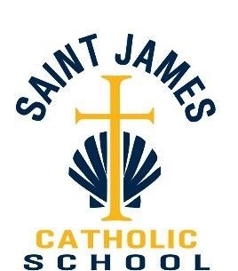 A logo for saint james catholic school with a cross and shell